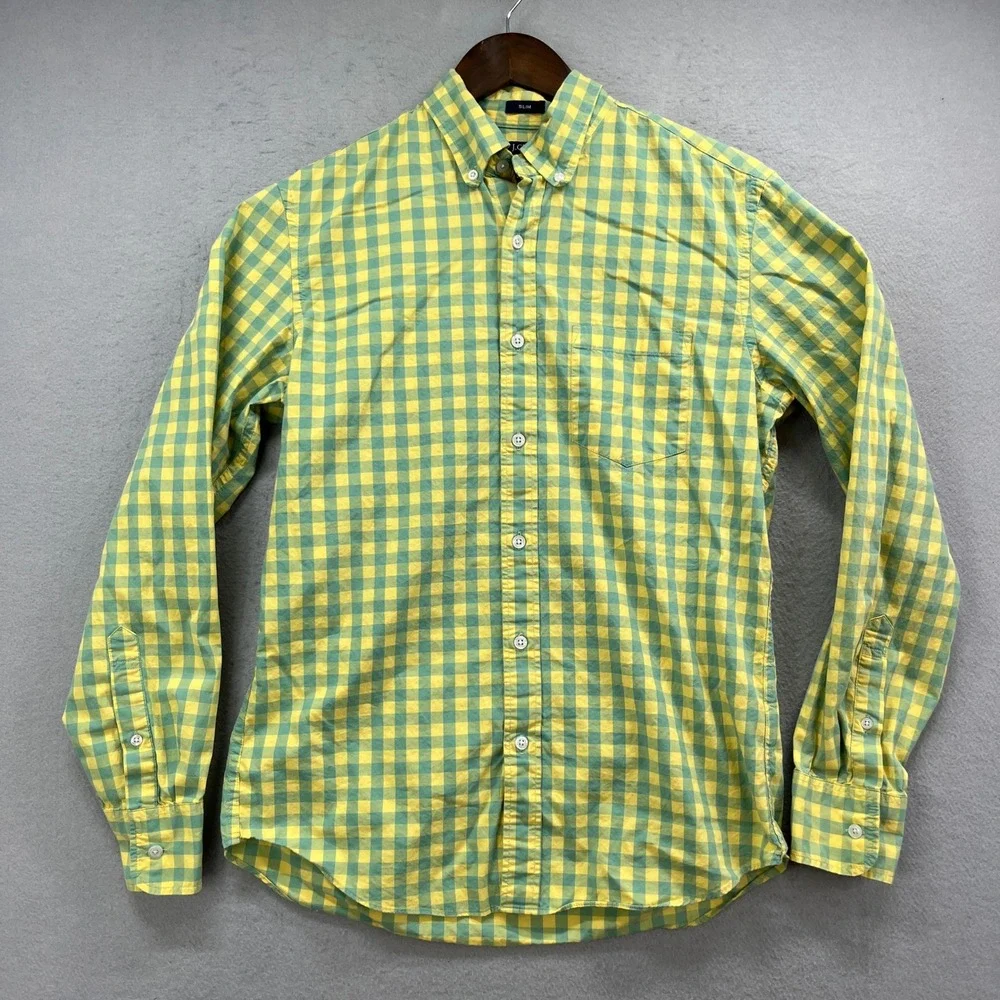 J.Crew Shirt Mens M Green Yellow Gingham Slim Fit Preppy Flex Washed Oxford